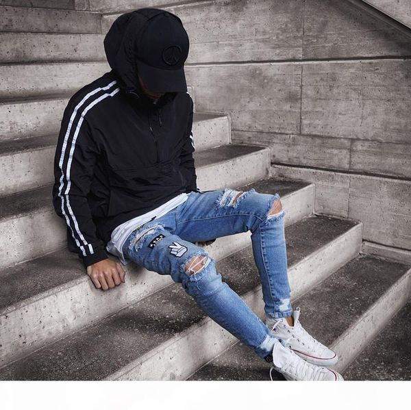 

2018 new brand mens ripped skinny biker jeans destroyed frayed slim fit denim pants biker jean, Blue