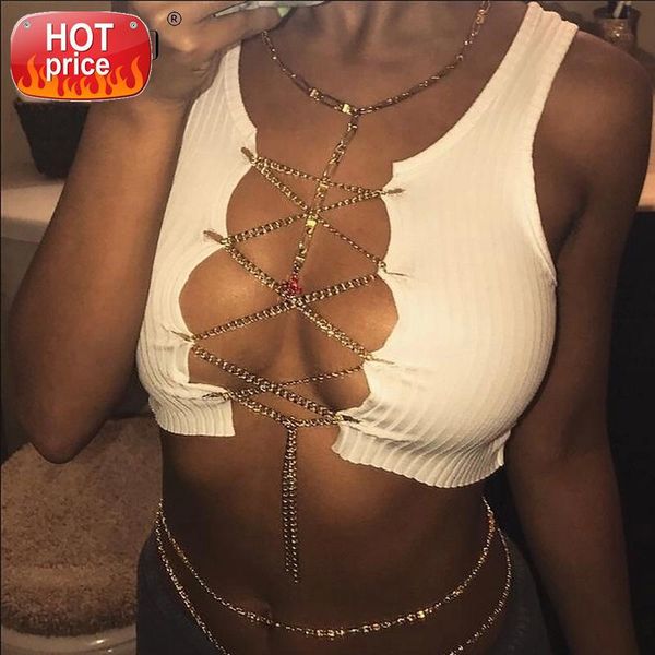 

akyzo lace up white red tank women new hollow metal chain cropped cami nightclub vest party #gm49