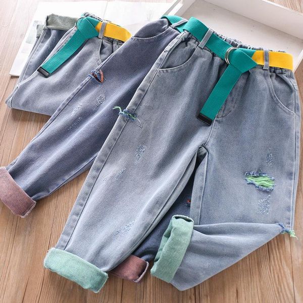 

2020 spring hole trouser belt jeans boys and girls pants wholesale, Blue