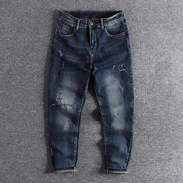 

2020 new arrival broken hole trend slim legged pants blue european and american elastic jeans men's fashionable capris 0585