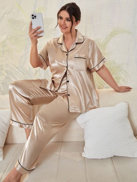 

plus contrast binding satin pj set e2ab#, Black;white
