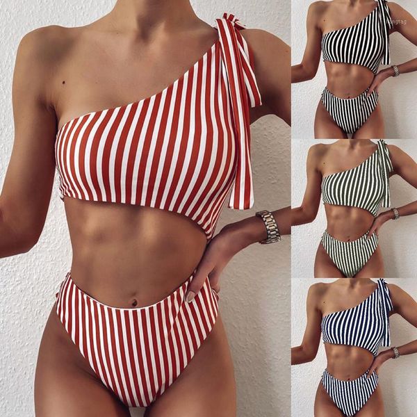 

cut out one piece swimsuit women stripe one shoulder swimwear striped monokini bandage bathing suit bodysuit swimming suit1, White;black