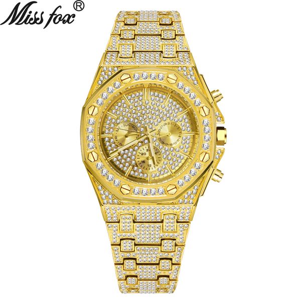 

missfox watch men's fashion hip hop full diamond true three eye octagonal dial waterproof quartz watch, Slivery;brown