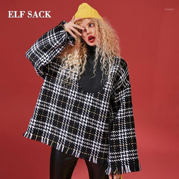 

elf sack new chic wool jackets full plaid wide-waisted casual blends women wool coats turtleneck streetwear femme jackets1, Black