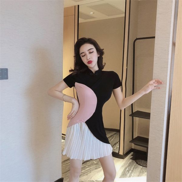 

2021 new vintage cheongsam women short mandarin collar tall mini sweet ruffled contrast dress club color hvto, Black;gray