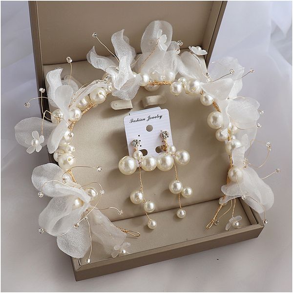 

wedding bride headdress bands immortal beaded flower girls ornament pearl earring hair accessories set q1218, White;golden