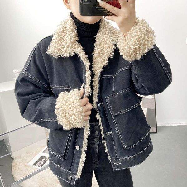 

bamboo lamb wool denim jacket women's winter 2020 new cashmere thickened knit fashion v-neck woman long sleeve tunics, White
