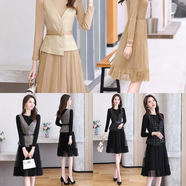 

ecnrz 49qmy fragrance skirt two piece vest 2020 dress new korean skirt long style suit skirtdress suit skirtsleeve knitted mesh spring small, Black;gray