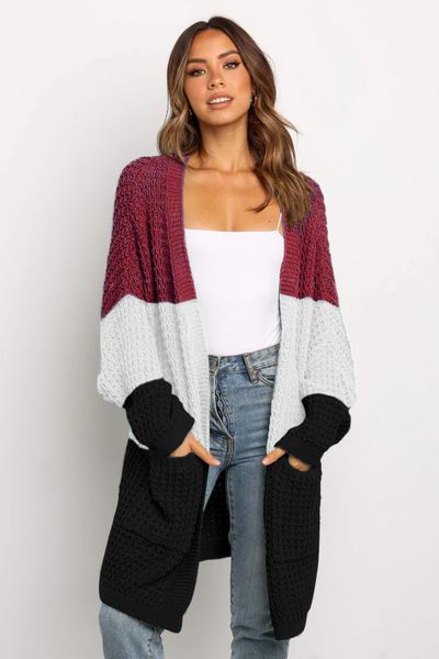 

autumn new knitted sweater long cardigan contrast color loose sweater coat women's long sweater, White;black