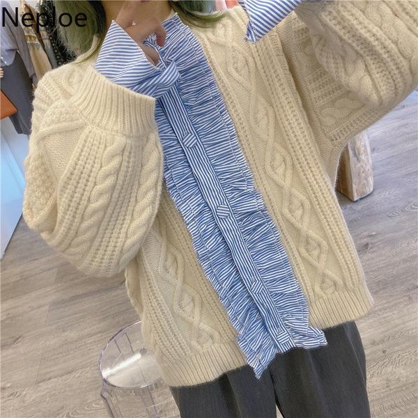 

neploe causal women sweater coat korean twisted stripe ruffle patchwork knit cardigan long sleeve o-neck knitwear jacket 4e312, White