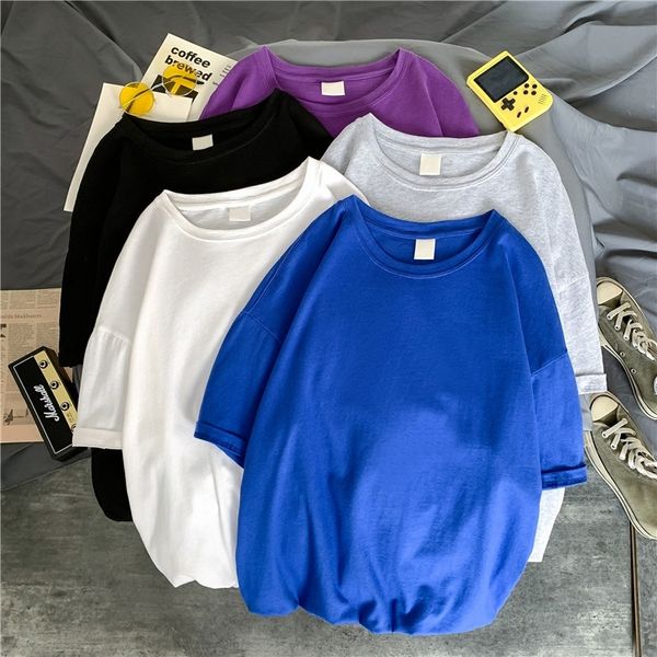 

ins solid color short sleeve t-shirt boys korean 2021 summer trend loose couple half sleeve personalized clothes, Black