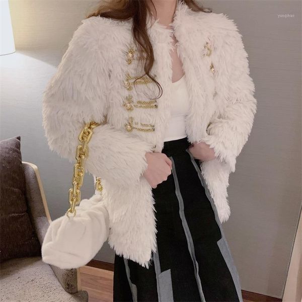 

2021 women autumn winter elegant imitation fur outerwear lady slim button teddy plush jacket female casual warm loose coats e1041, Black