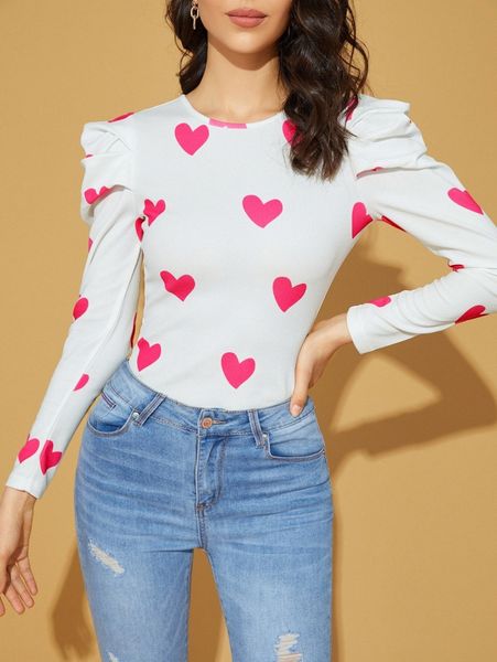 

puff sleeve allover heart print tee v7a2#, White