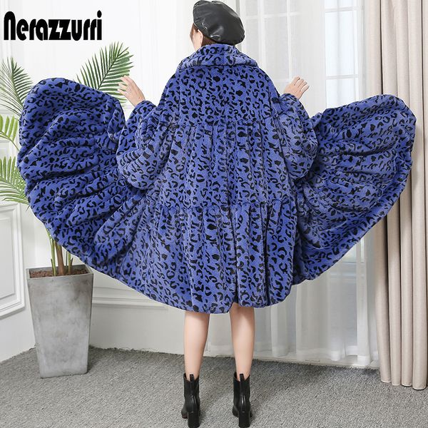 

nerazzurri winter leopard faux fur coat women loose oversized skirted furry fluffy jacket long leopard print runway streetwear 201212, Black