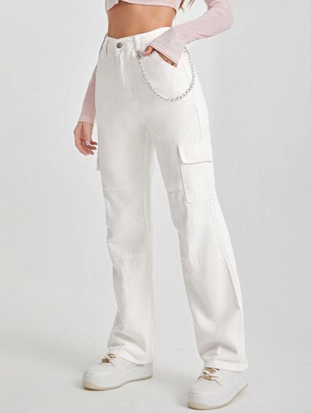 

high waist chain detail cargo jeans 60xi#, Blue