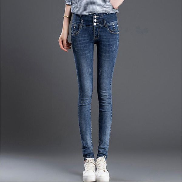 

women jeans cowboy pants for female 26-33 blue 2021 fashion high waist buttons slim bleached pencil pants