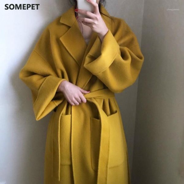 

women yellow elegant winter wool overcoat long bandage woolen coat cardigan loose plus size outwear with pocket turn down collar1, Black