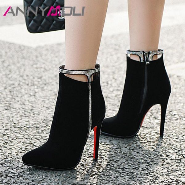 

annymoli winter ankle boots women crystal thin heels short boots cutout zip extreme high heel shoes female autumn big size 33-431, Black
