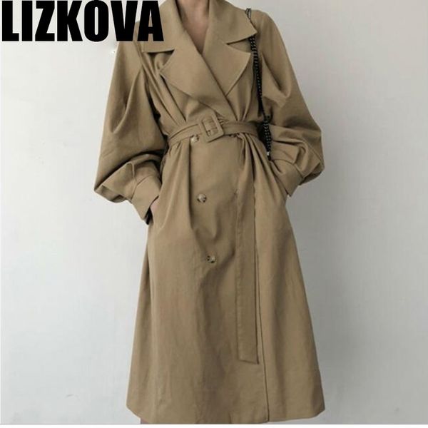 

spring woman khaki long trench coat british style vintage puff sleeve long dust coat elegant waist bandage windbreaker 201111, Tan;black