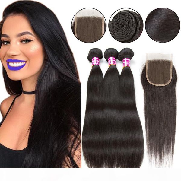 

brazilian virgin hair straight 10a bundles with closure human hair extensions 3 bundles closure natural color, Black