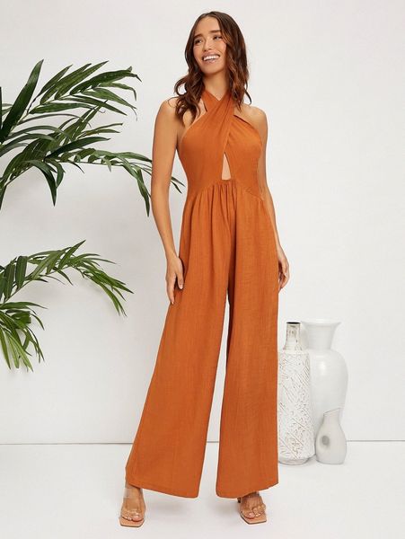 

cross wrap peekaboo front tie backless wide leg jumpsuit e0d2#, White