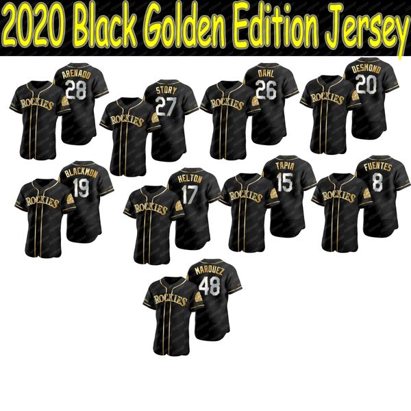 

28 nolan arenado 2020 black golden edition jerseys 27 trevor story tyle kinley jairo diaz jeff hoffman bryan shaw david dahl peter lambert, Blue;black
