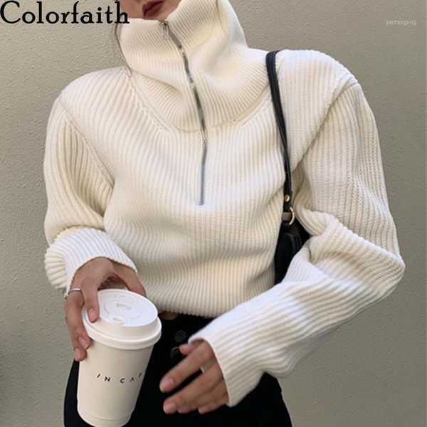 

colorfaith new 2020 autumn winter women's sweaters turtleneck pullover short fake two pieces harajuku vintage lady sw667931, White;black