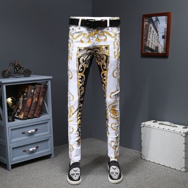 

luxury gold print jean homme slim designer denims jeans men erkek kot pantolon skinnygold denims stretch fancy party trousers 201111, Blue
