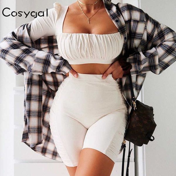 

cosygal two piece set women tracksuit long sleeve pleated 2 piece set women crop and shorts solid female outfits 2021 t200903, Gray