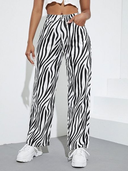 

zebra striped straight leg jeans n1fa#, Blue