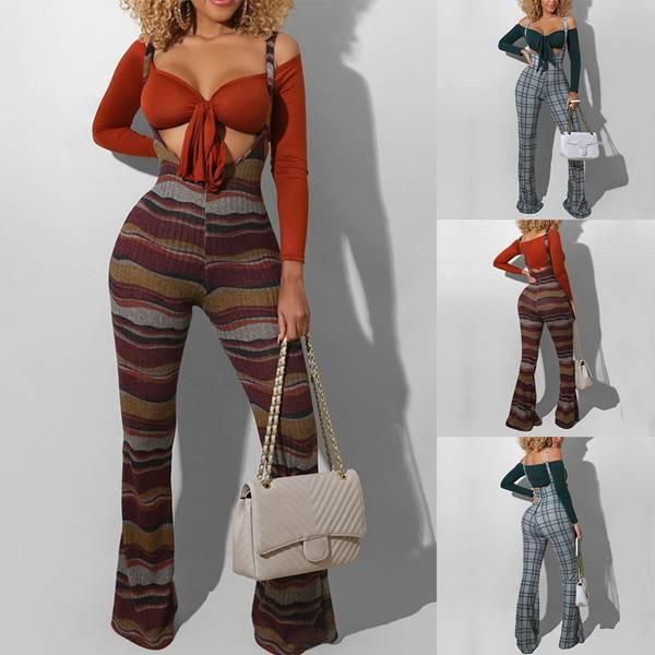 

women's fashion striped print waist mopping pants flared pants trousers, Black;white