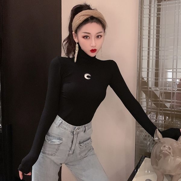 

new korean t- slim long sleeve high collar ins crescent print t-shirt in 2020 autumn women's shirt jrqlp, White