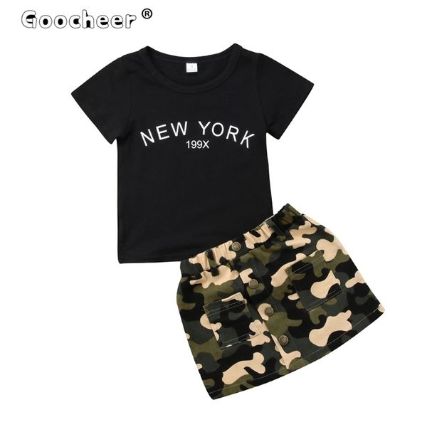 

summer 2 pieces toddler kids clothes set baby girl outfits black short sleeve t shirt and camouflage skirts 2pc sets lj200819, White
