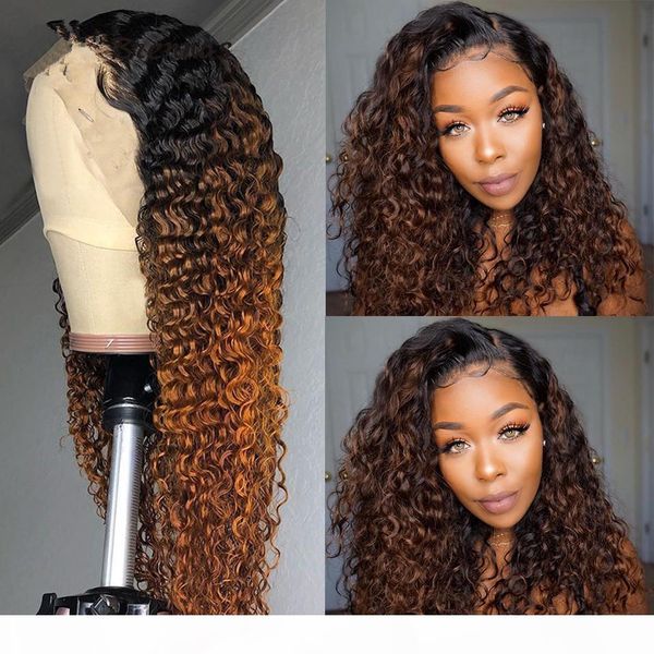 

hd ombre curly lace front human hair wigs for women 1b 30 brown color lace wig brazilian remy hair 150% density pre plucked, Black;brown
