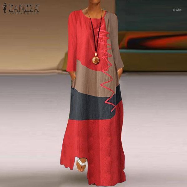 

casual dresses 2021 zanzea vintage women long sleeve cotton linen dress autumn sundress color pacthwork maxi vestido robe kaftan1, Black;gray