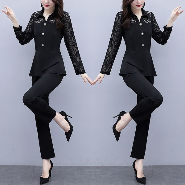 

spring and autumn ins women fashion tight suitpants suit pants suitcrowd design long sleeve casual lace splicing capris and leggings set, Gray