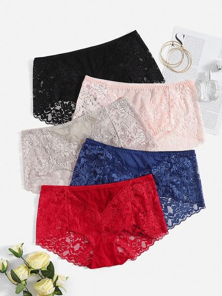 

5pack plus floral lace panty set q9yx#, Black;white