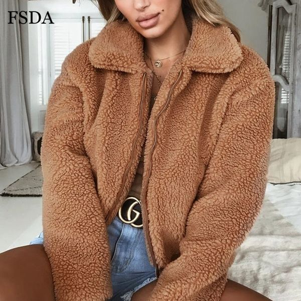 

fsda zipper oversize teddy winter autumn crop jacket women streetwear pocket turn down black white red casual faux fur coat y200101, Black;brown