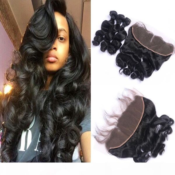 

loose wave hair natural color 3pcs hair weaves with lace frontal brazilian remy hair extensions ing, Black;brown
