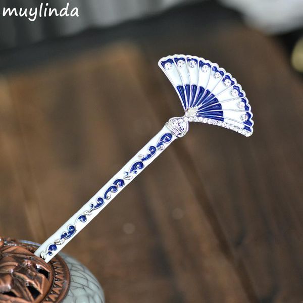 

chinese blue and white porcelain painting fan hair stick women costume classic metal charm hairpins jewelry, Golden;silver
