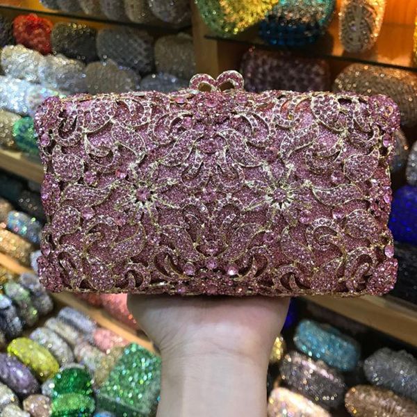 

hollow out flower women pink crystal purses evening shoulder bags wedding prom bridal metal handbags clutch purse