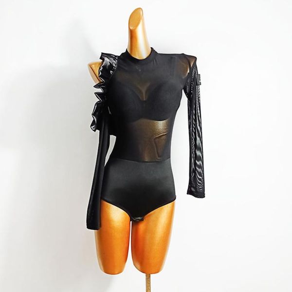 

long sleeve one side bare shoulder women latin dance bodysuit latin dancing practise tango chacha dancing performamnce w551, Black;red