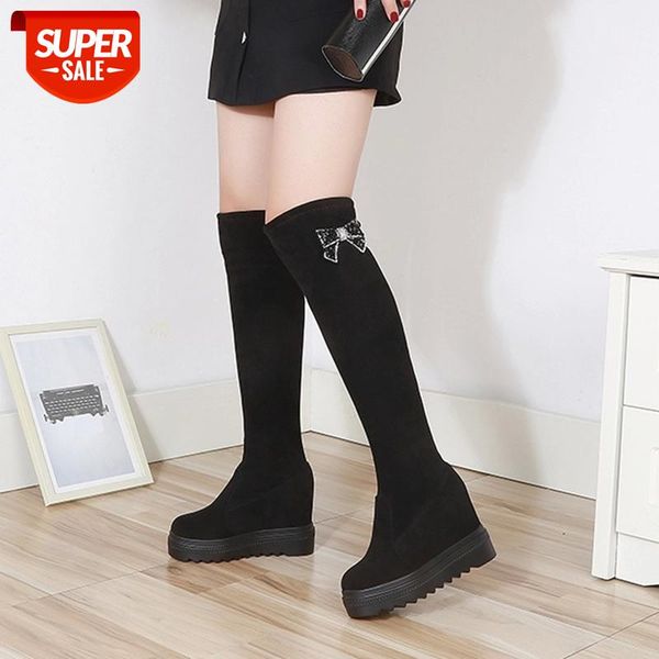 

lucyever fashion crystal bow black over the knee boots women hidden heels chunky platform boots woman warm winter shoes ladies #3n7z