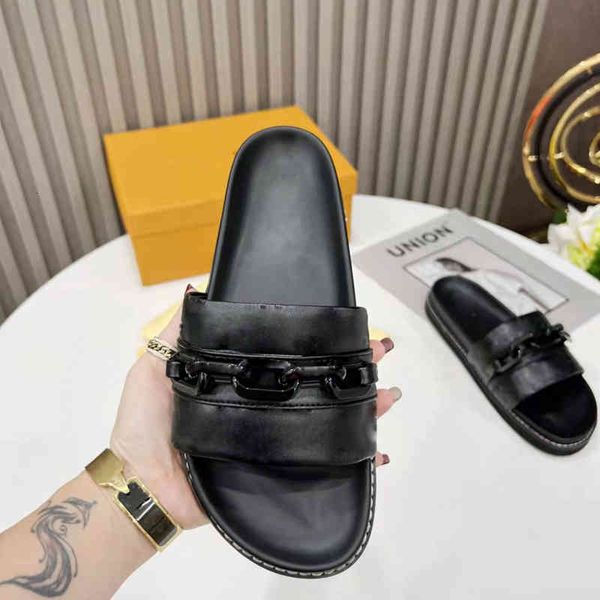 

designer fashion women mules sandals chain calfskin slide paseo flat comfort embossed lamb leather summer swimming pool slipper 35-42, Black
