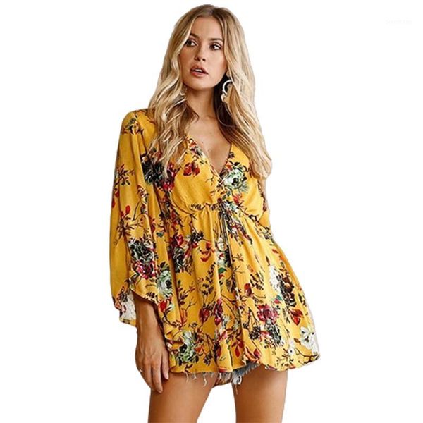 

vintage women hippie floral print deep v-neck bohemian mini dress summer ladies bat sleeve boho dresses1, Black;gray