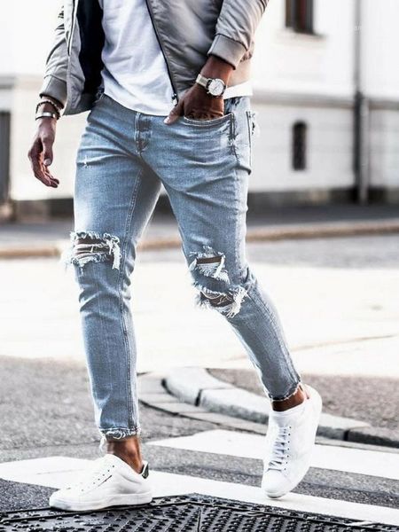 

man men stretchy skinny jeans holes men's wear bound feet pants destroyed frayed slim fit denim pants mens ripped jeans1, Blue