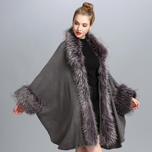 

women's fur & faux warm knitted cardigan shawl winter streetwear plus overcoat cape 2021 fashion jacket c1101, Black