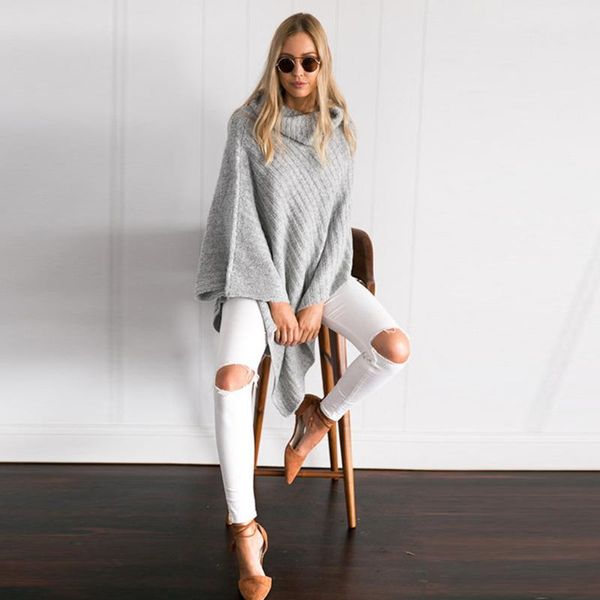 

women's sweaters women autumn and winter long sleeve high collar solid color knitting fashion sweater shawl pullover khaki gray, White;black
