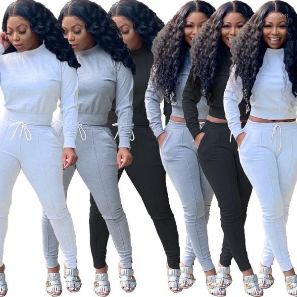 

78ly5891 autumn winter women casual fashion solid navel sports two piece set and pants tracksuit sweatsuit outfits 20201, Gray