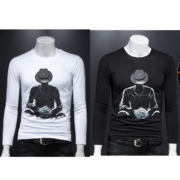 

new t shirts mens summer casual mens t shirt long sleeve printing with sunglasses rhinestone slim crew neck tee mercerized cotton m-4xl, White;black